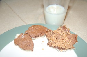 032 leaf cookies, chocolate cookies, glass of milk