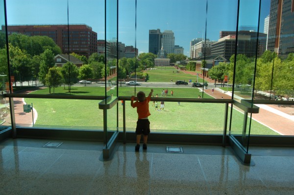 My little guy overlooking Independence Mall, from the NCC second floor.